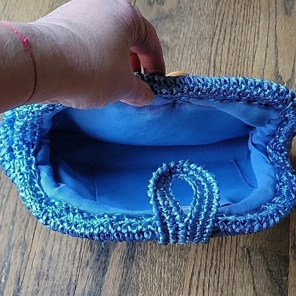 Raffia Blue Handmade Croshet Knitted Evening Pouch Clutch Bag Made in Japan